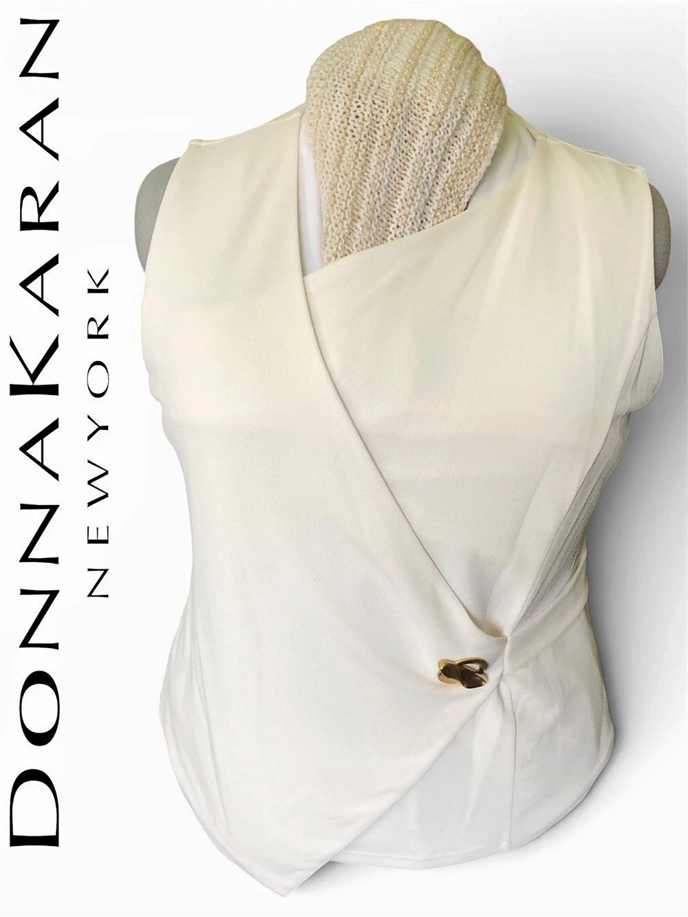Donna Karan New York Sleeveless Faux-Wrap Top with Gold Hardware Blouse White